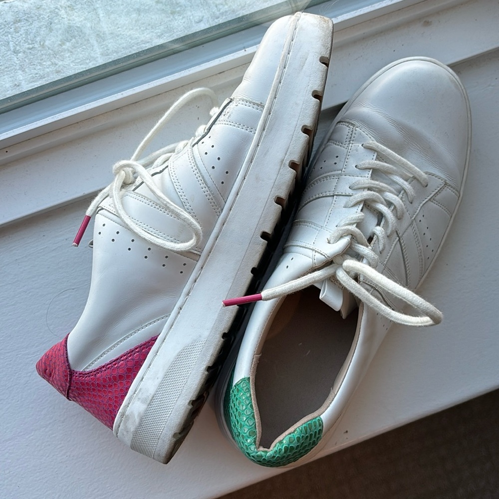 Vionic Simasa Leather Sneakers with Mismatched Pink and Green Heels